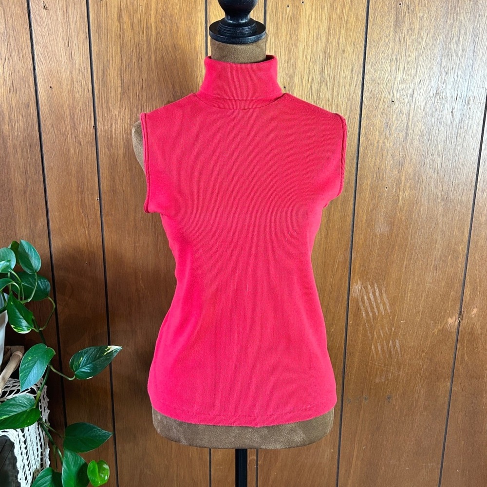 Vintage y2k White Stag Red Sleeveless Turtleneck Ribbed Knit‎ Shell Top Large